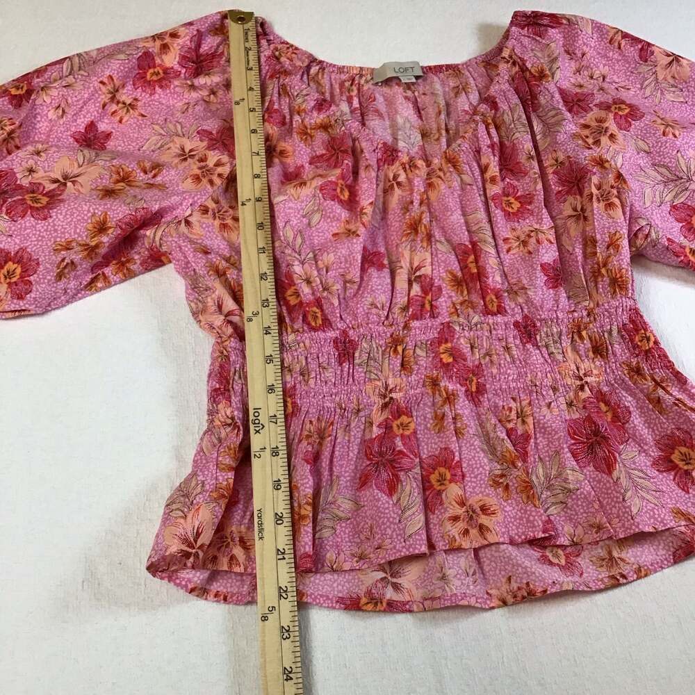 LOFT Lily Gathered Waist Floral Puff Sleeve Blouse large boho Flirty - Picture 4 of 12